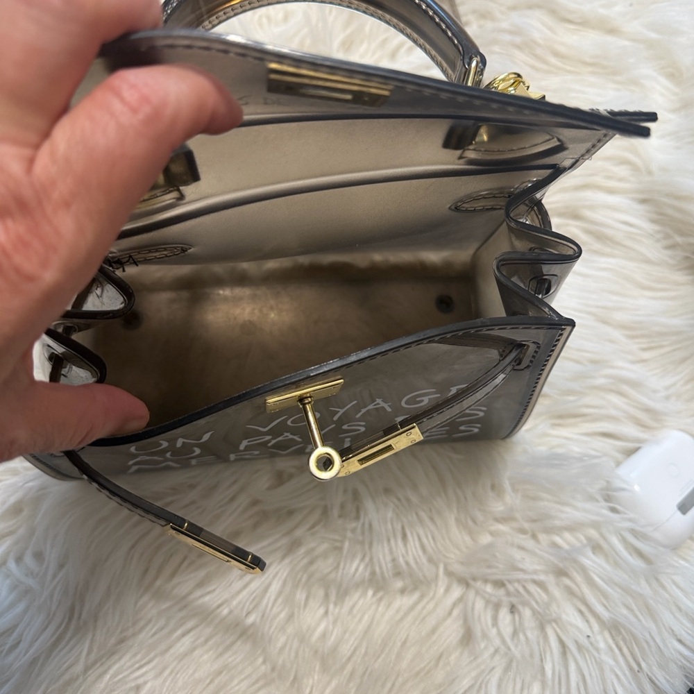 Clear Black Vinyl Crossbody Bag with White Script and Top Handle - Picture 11 of 12
